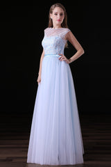 Wedding Guest Outfit, Sleeves Appliques Sheer Lace Button Floor Length Tulle Prom Dresses