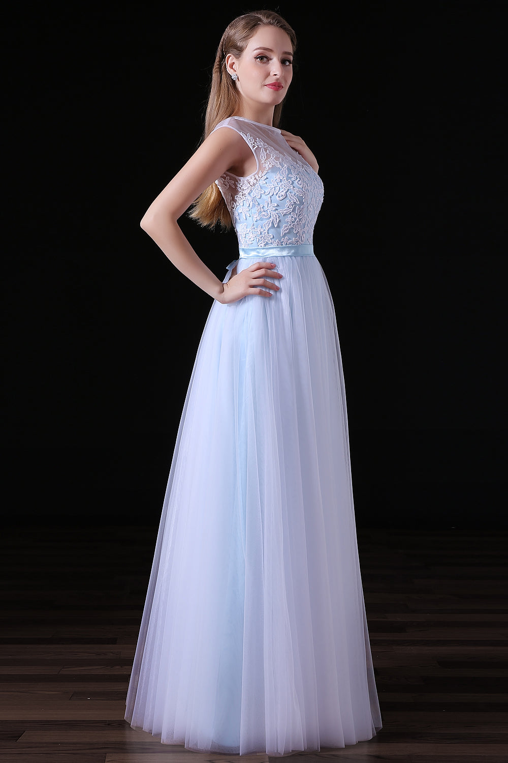 Cute Dress, Sleeves Appliques Sheer Lace Button Floor Length Tulle Prom Dresses
