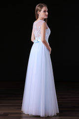 Gown, Sleeves Appliques Sheer Lace Button Floor Length Tulle Prom Dresses