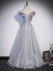 Homecoming Dress Short Tight, Sliver-Grey Shiny Tulle Off Shoulder  Prom Dress, Sliver Long Party Dresses
