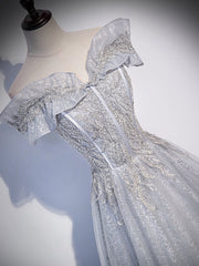 Homecoming Dress Black Girl, Sliver-Grey Shiny Tulle Off Shoulder  Prom Dress, Sliver Long Party Dresses