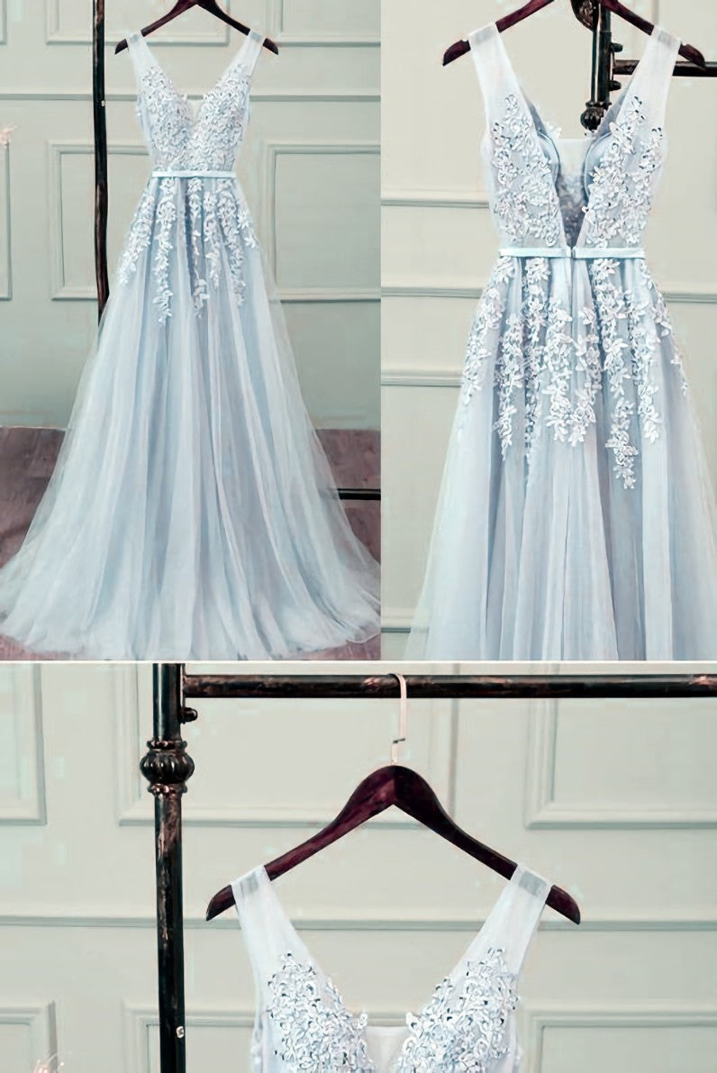 Bridesmaid Dress Satin, Sliver-Grey Tulle Long Lace V-neckline Party Dress, Floor Length Prom Dress