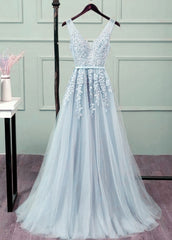 Bridesmaids Dresses Satin, Sliver-Grey Tulle Long Lace V-neckline Party Dress, Floor Length Prom Dress