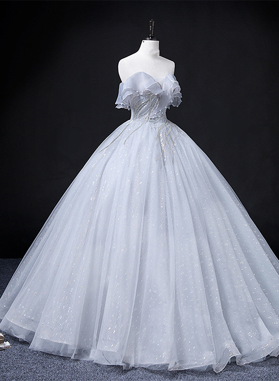 Bridesmaids Dresses Websites, Sliver Grey Tulle Off Shoulder Long Party Dress, Tulle Evening Dress Prom Dress