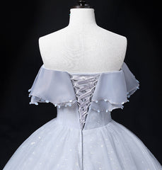 Bridesmaid Dress Websites, Sliver Grey Tulle Off Shoulder Long Party Dress, Tulle Evening Dress Prom Dress