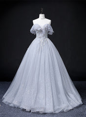Bridesmaids Dress Websites, Sliver Grey Tulle Off Shoulder Long Party Dress, Tulle Evening Dress Prom Dress