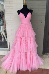 Prom Dresses Online, Princess Pink Tiered Layers Tulle Long Formal Gown