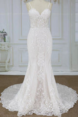 Wedding Dresses Under 506, Spaghetti Strap Appliques Mermaid Wedding Dress