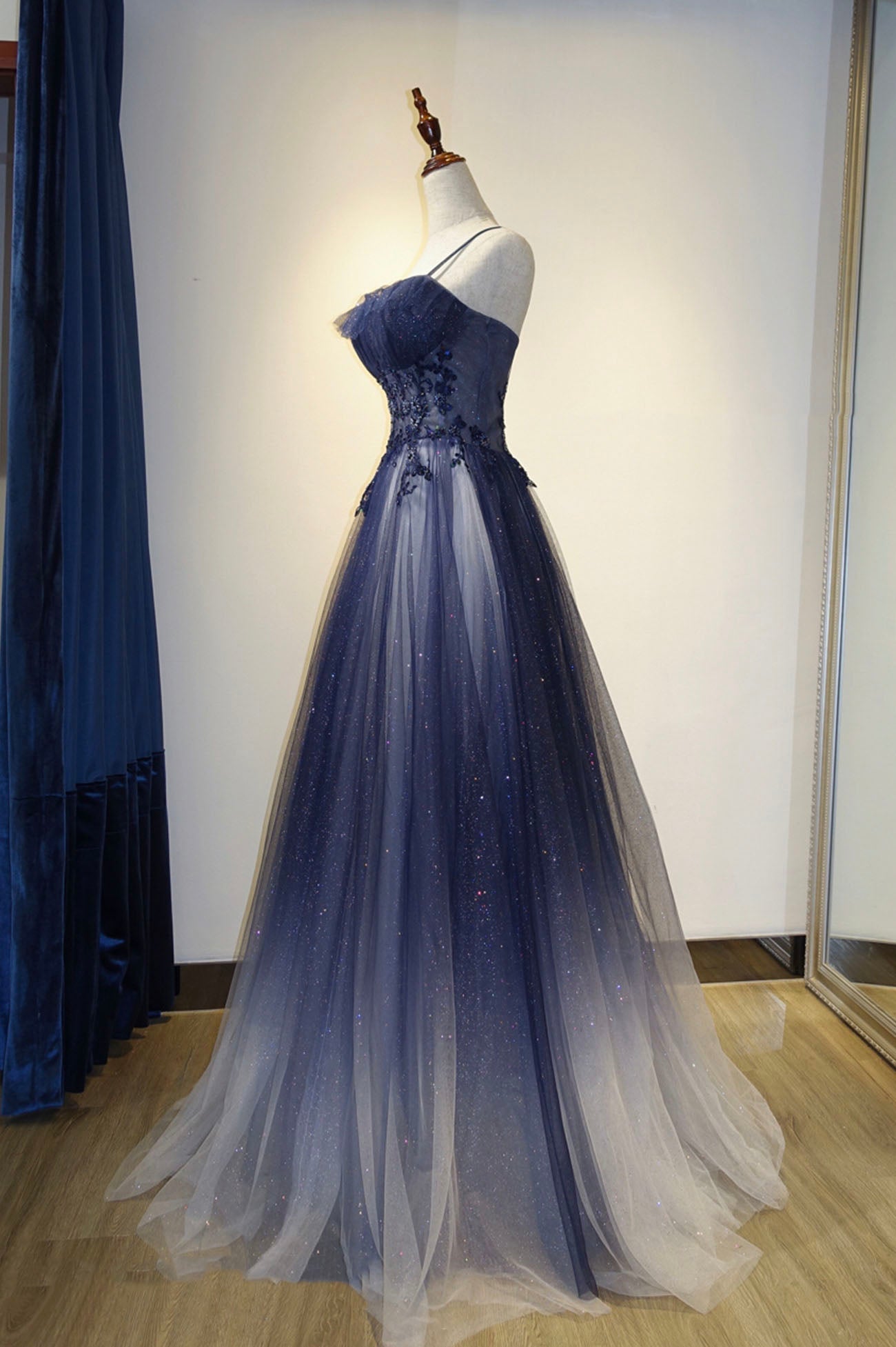 Party Dresses Winter, Spaghetti Strap Gradient Tulle Long Formal Dress, Blue Evening Party Dress