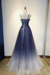 Party Dresses Australia, Spaghetti Strap Gradient Tulle Long Formal Dress, Blue Evening Party Dress