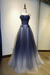 Party Dresses Lace, Spaghetti Strap Gradient Tulle Long Formal Dress, Blue Evening Party Dress