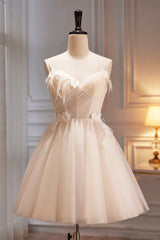 Bridesmaide Dresses Long, Spaghetti Strap V Neck Tulle Short Prom Dress, Cute Champagne Homecoming Dress