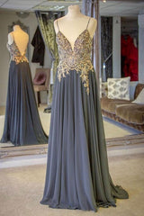 Party Dress Dresses, Gray Spaghetti Straps A-line Beaded Long Prom Dresses