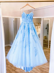 Evening Dress For Wedding, Spaghetti Straps Backless Blue Lace Prom Dresses, Open Back Blue Lace Formal Evening Dresses