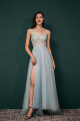 Party Dress Code Ideas, Spaghetti Straps Beading Front Split Long Sky Blue Prom Dresses
