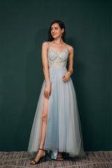 Party Dress Code Idea, Spaghetti Straps Beading Front Split Long Sky Blue Prom Dresses