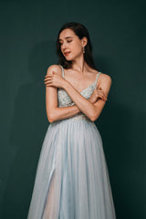 Go Out Outfit, Spaghetti Straps Beading Front Split Long Sky Blue Prom Dresses