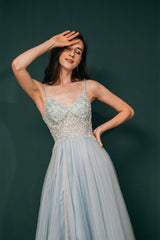 Party Dress Over 72, Spaghetti Straps Beading Front Split Long Sky Blue Prom Dresses