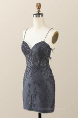 Long Sleeve Prom Dress, Spaghetti Straps Black Lace Bodycon Mini Dress