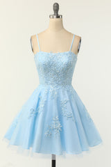 Prom Dress Blue Lace, Spaghetti Straps Blue A-line Appliques Short Homecoming Dress