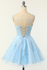 Prom Dresses Light Blue, Spaghetti Straps Blue A-line Appliques Short Homecoming Dress
