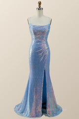 Party Dress Pattern, Spaghetti Straps Blue Sequin Mermaid Draped Dress