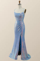Party Dress Patterns, Spaghetti Straps Blue Sequin Mermaid Draped Dress