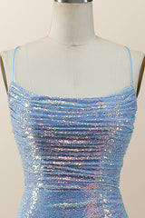 Party Dress Jeans, Spaghetti Straps Blue Sequin Mermaid Draped Dress