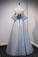 Party Dress Dames, Spaghetti Straps Blue Tulle Long Prom Dress, Off the Shoulder Evening Dress