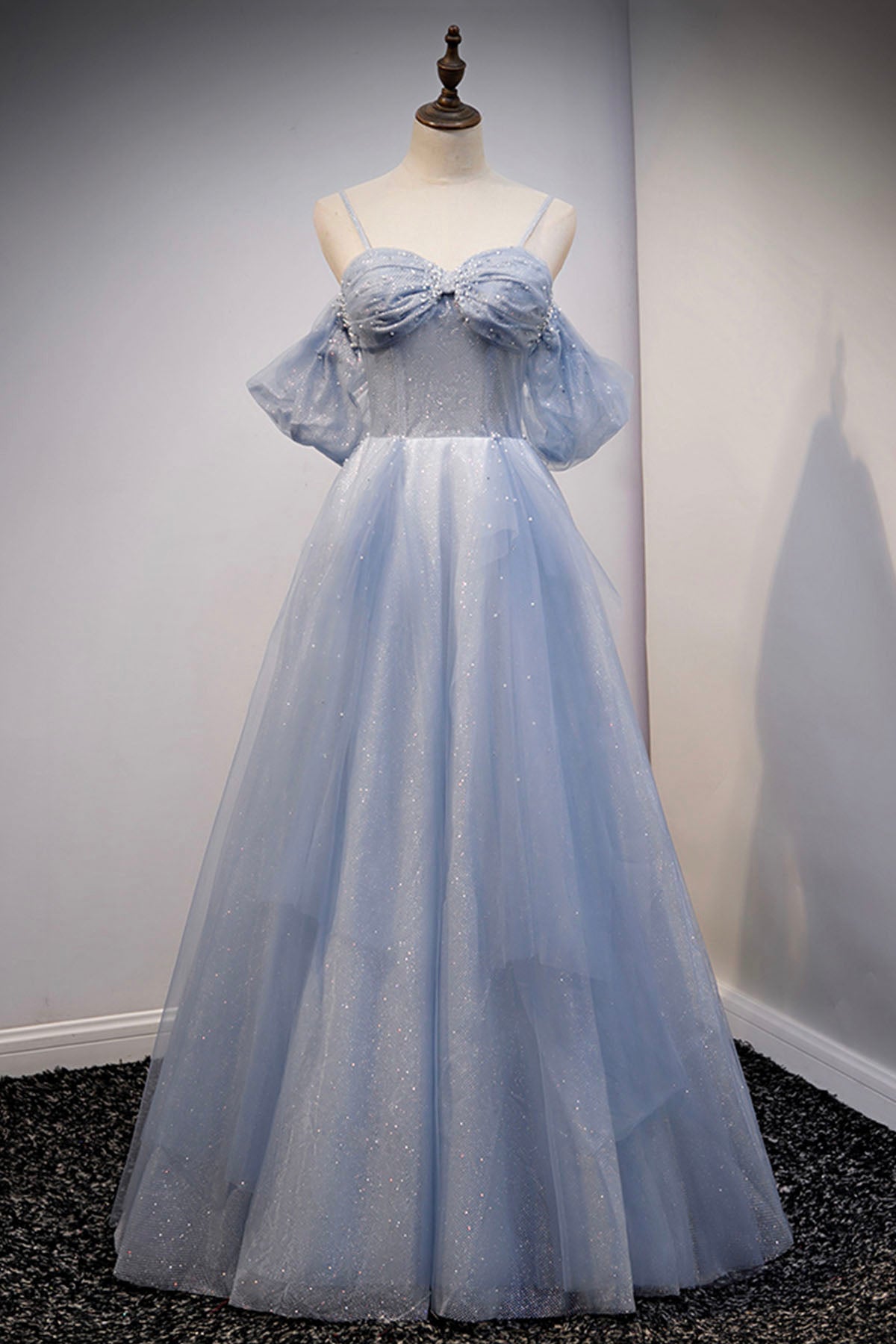 Party Dress Big Size, Spaghetti Straps Blue Tulle Long Prom Dress, Off the Shoulder Evening Dress