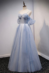 Party Dress Silk, Spaghetti Straps Blue Tulle Long Prom Dress, Off the Shoulder Evening Dress