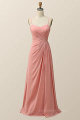 Bridesmaid Dresses With Lace, Spaghetti Straps Blush Pink Chiffon A-line Long Bridesmaid Dress