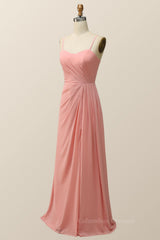 Bridesmaid Dresses Mismatched Summer, Spaghetti Straps Blush Pink Chiffon A-line Long Bridesmaid Dress
