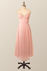 Cute Dress Outfit, Spaghetti Straps Blush Pink Tulle A-line Midi Dress