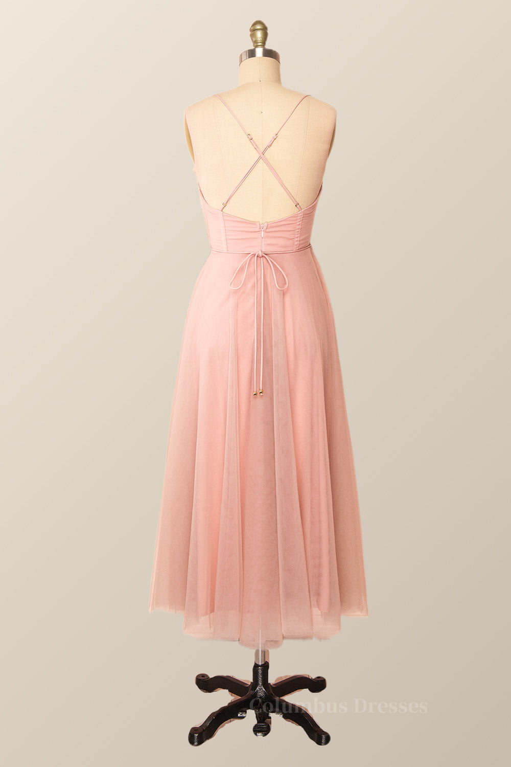Club Dress, Spaghetti Straps Blush Pink Tulle A-line Midi Dress