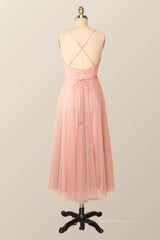 Club Dress, Spaghetti Straps Blush Pink Tulle A-line Midi Dress