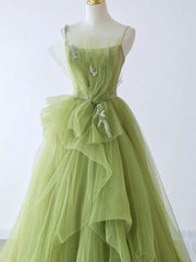 Bridesmaid Dress Inspo, Spaghetti Straps Green Tulle Long Prom Dresses, Green Tulle Long Formal Evening Dresses
