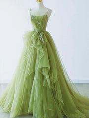Bridesmaid Dress Different Styles, Spaghetti Straps Green Tulle Long Prom Dresses, Green Tulle Long Formal Evening Dresses