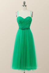 Prom Dress Places Near Me, Spaghetti Straps Green Tulle Midi Dress