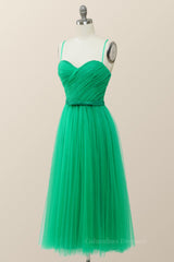 Prom Dresses For 2059, Spaghetti Straps Green Tulle Midi Dress