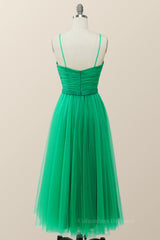 Prom Dresses Purple, Spaghetti Straps Green Tulle Midi Dress