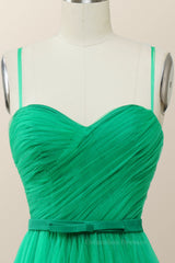 Prom Dressed Ball Gown, Spaghetti Straps Green Tulle Midi Dress
