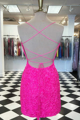 Evening Dress Sale, Spaghetti Straps Hot Pink Bodycon Mini Dress,Graduation Dresses