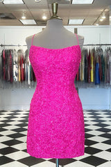 Evening Dresses Sale, Spaghetti Straps Hot Pink Bodycon Mini Dress,Graduation Dresses