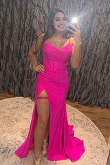 Spaghetti Straps Hot Pink Corset Prom Dress with Slit