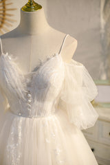 Bridesmaids Dress Ideas, Spaghetti Straps Ivory V Neck Lace Tulle Princess Homecoming Dresses
