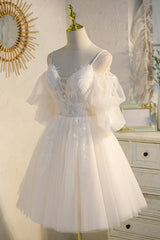 Bridesmaid Dress Styles, Spaghetti Straps Ivory V Neck Lace Tulle Princess Homecoming Dresses