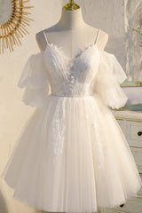 Bridesmaid Dresses Idea, Spaghetti Straps Ivory V Neck Lace Tulle Princess Homecoming Dresses