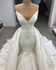 Wedding Dress A Line, Spaghetti Straps Lace Fit and Flare Wedding Dresses Overskirt Appliques Detachable Satin Backless Bridal Gowns