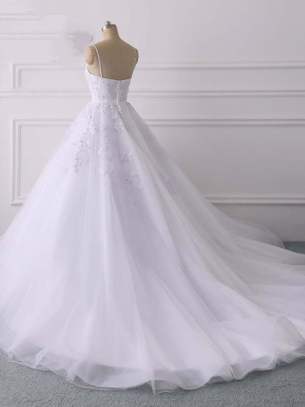 Wedding Dress Sleeves Lace, Spaghetti Straps Lace Tulle Ruffles Wedding Dresses